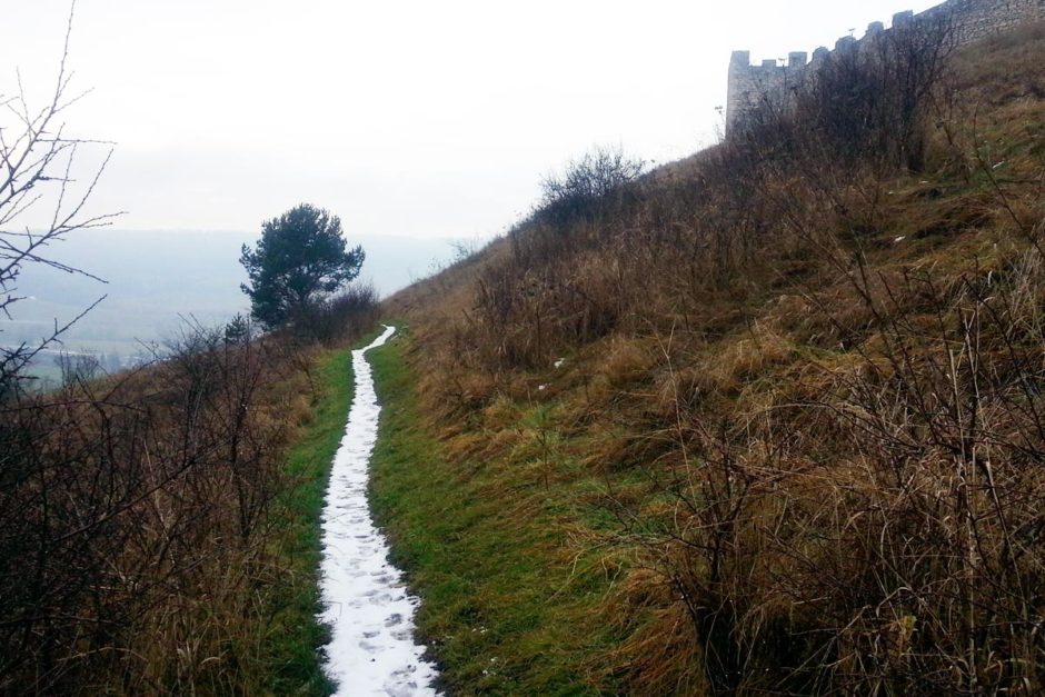 Follow the snow path.