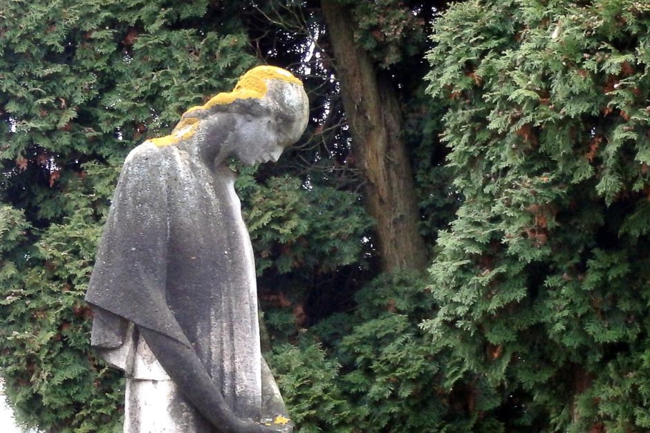 statue-bowing-yellow-moss-green-tree-spissky-podhradie